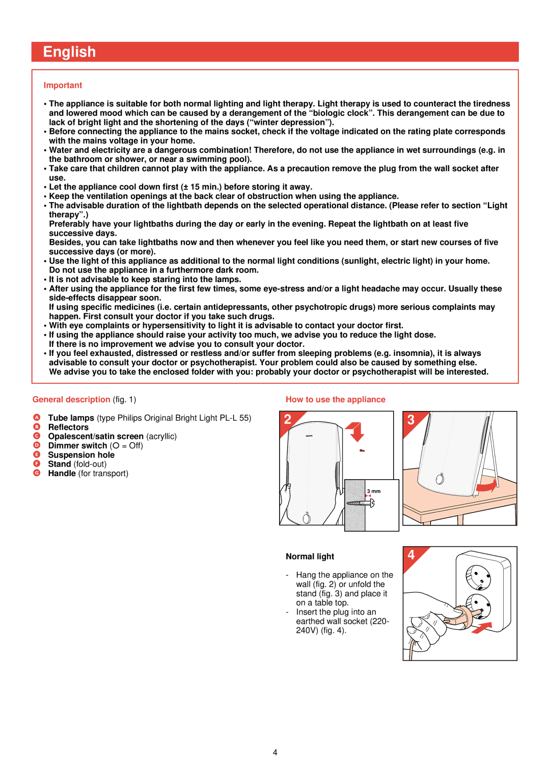 Philips HF 3300 manual English, General description fig How to use the appliance, Normal light 