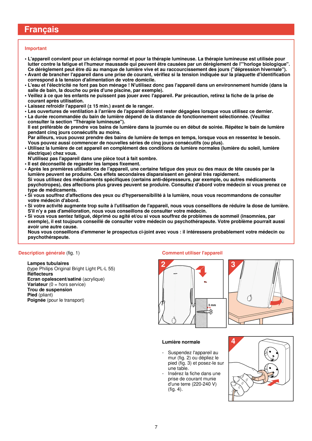 Philips HF 3300 manual Franç ais, Description gé né rale fig Comment utiliser lappareil 