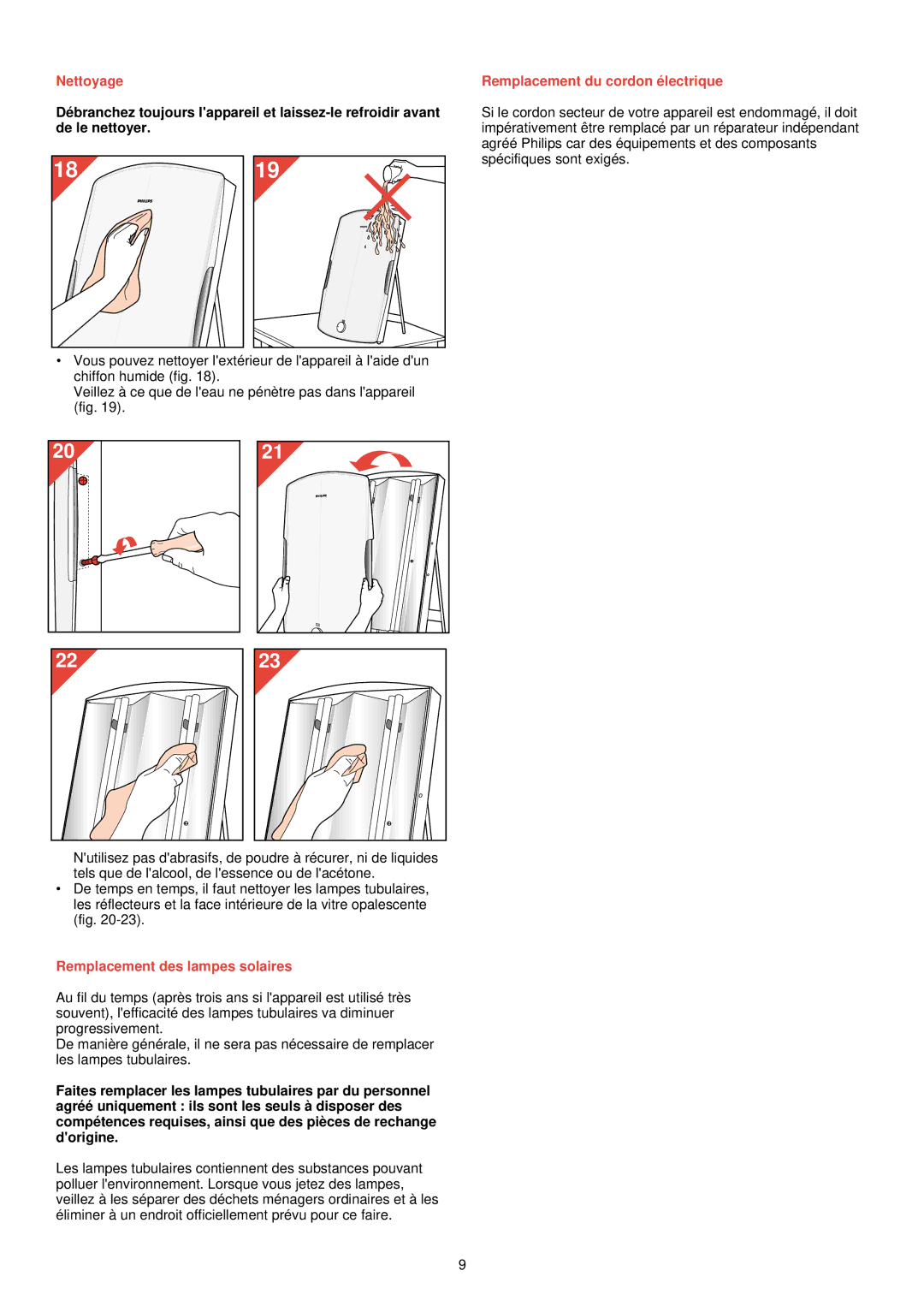 Philips HF 3300 manual Nettoyage, Remplacement des lampes solaires, Remplacement du cordon é lectrique 