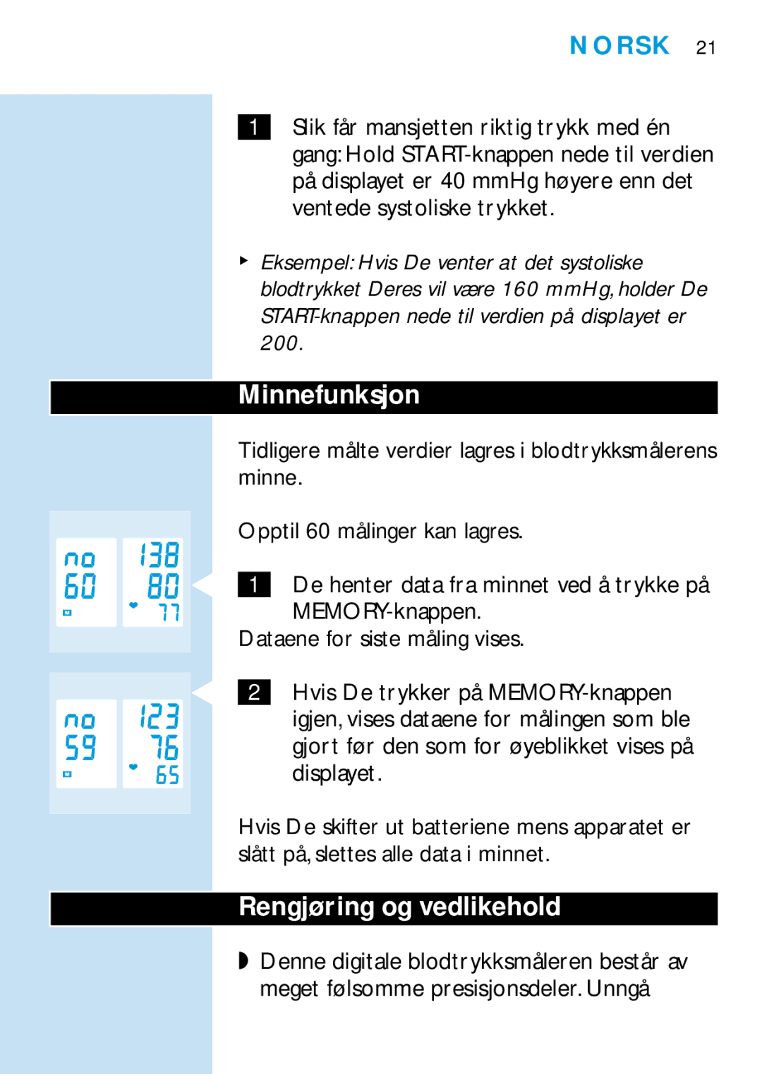 Philips HF321, HF319 manual Minnefunksjon, Rengjøring og vedlikehold 