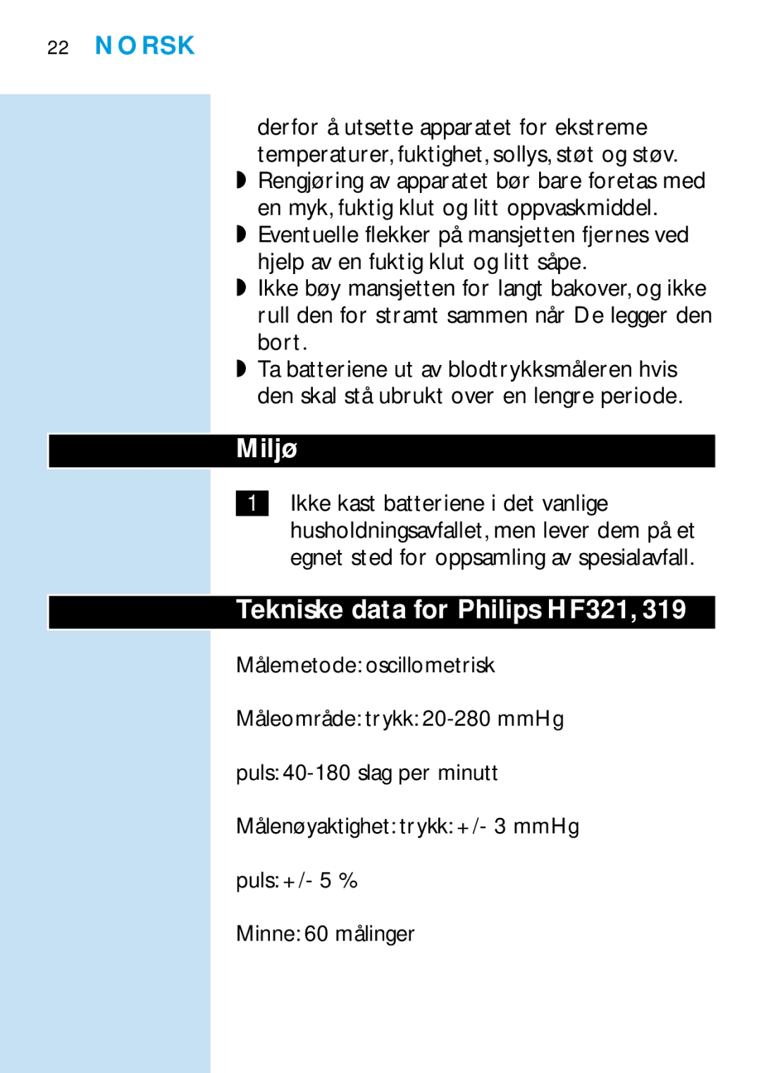 Philips HF319 manual Miljø, Tekniske data for Philips HF321 