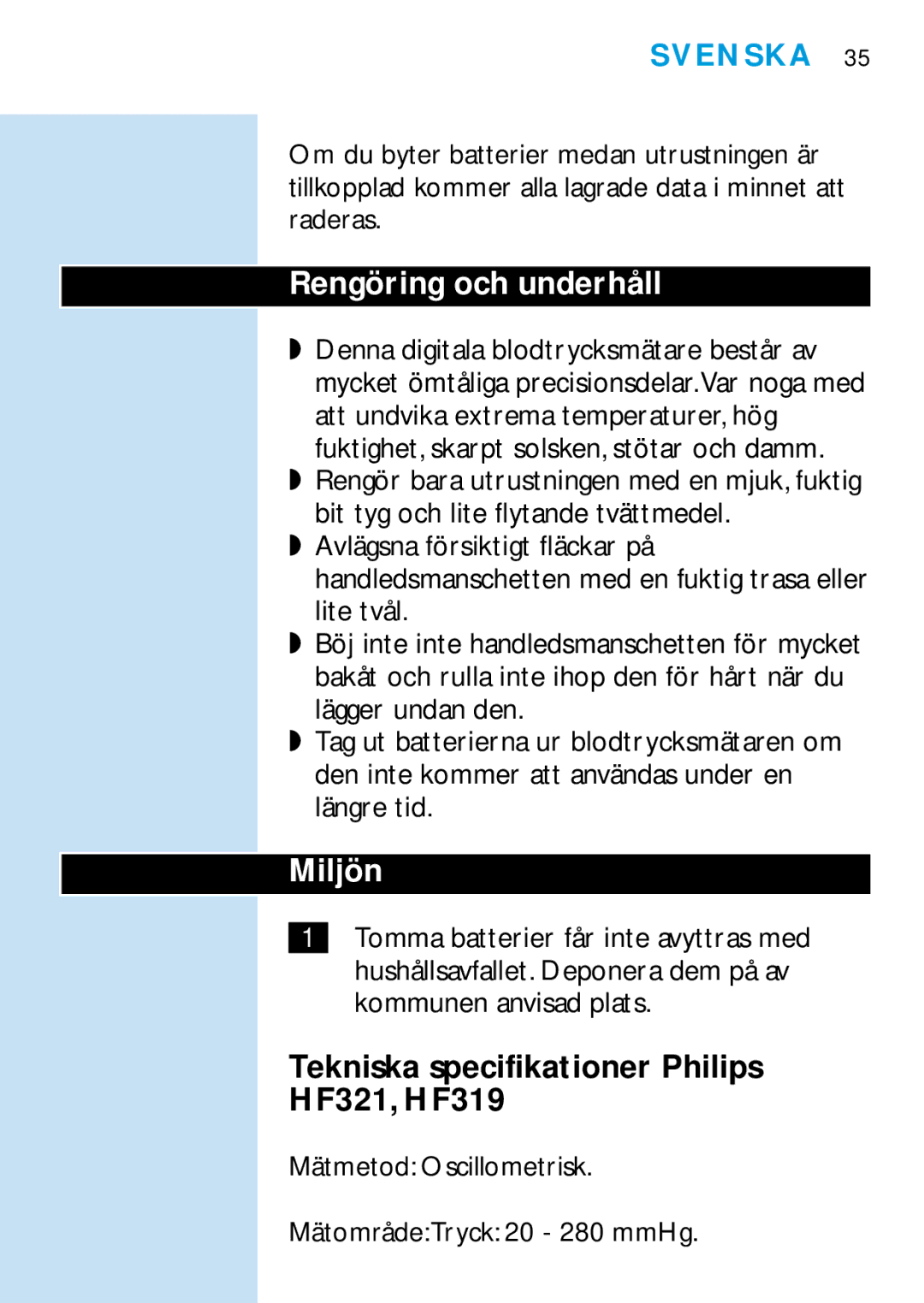 Philips manual Rengöring och underhåll, Miljön, Tekniska specifikationer Philips HF321, HF319 