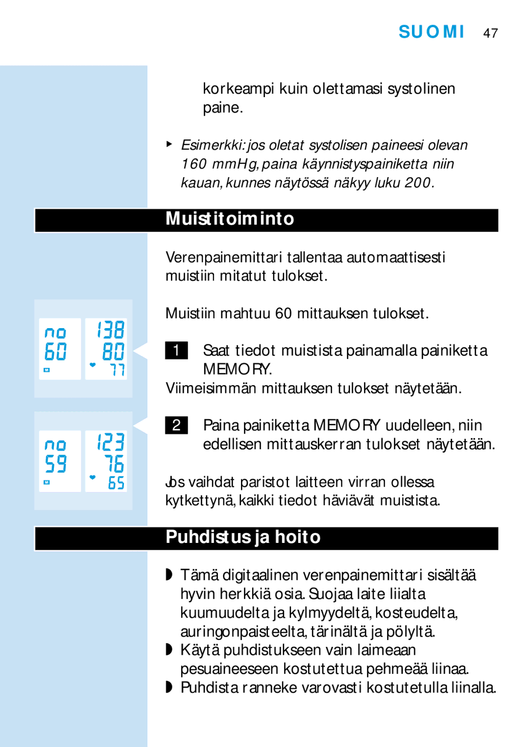 Philips HF321, HF319 manual Muistitoiminto, Puhdistus ja hoito 