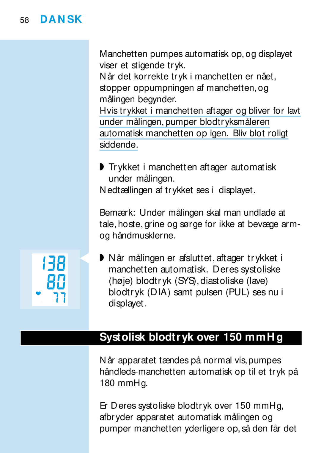 Philips HF319, HF321 manual Systolisk blodtryk over 150 mmHg 