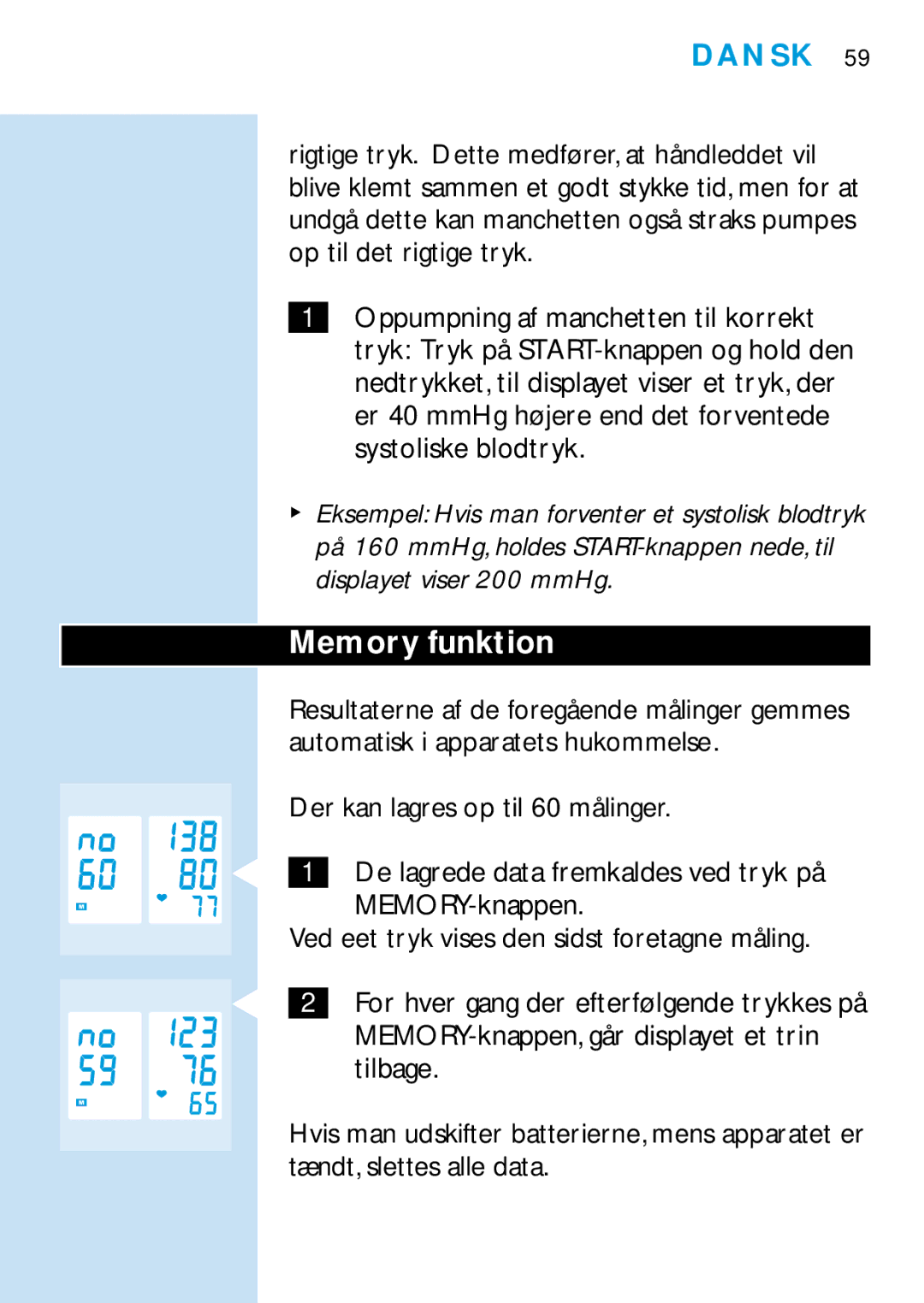 Philips HF321, HF319 manual Memory funktion, MEMORY-knappen 