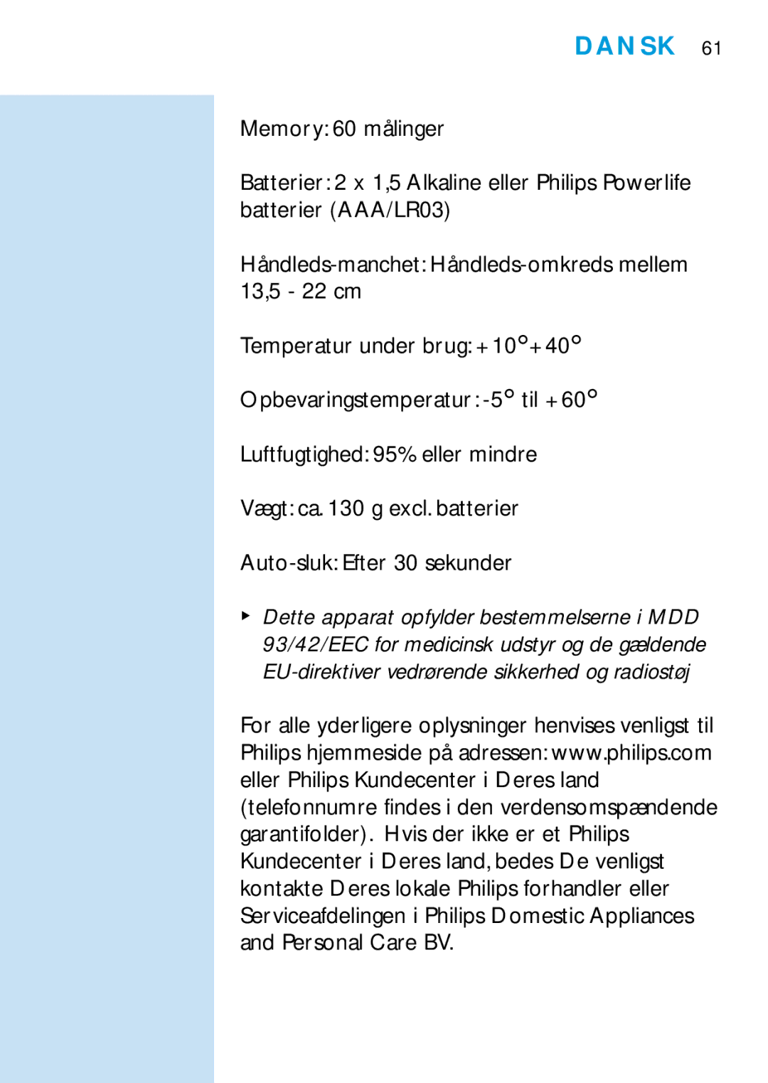 Philips HF319, HF321 manual Dansk 