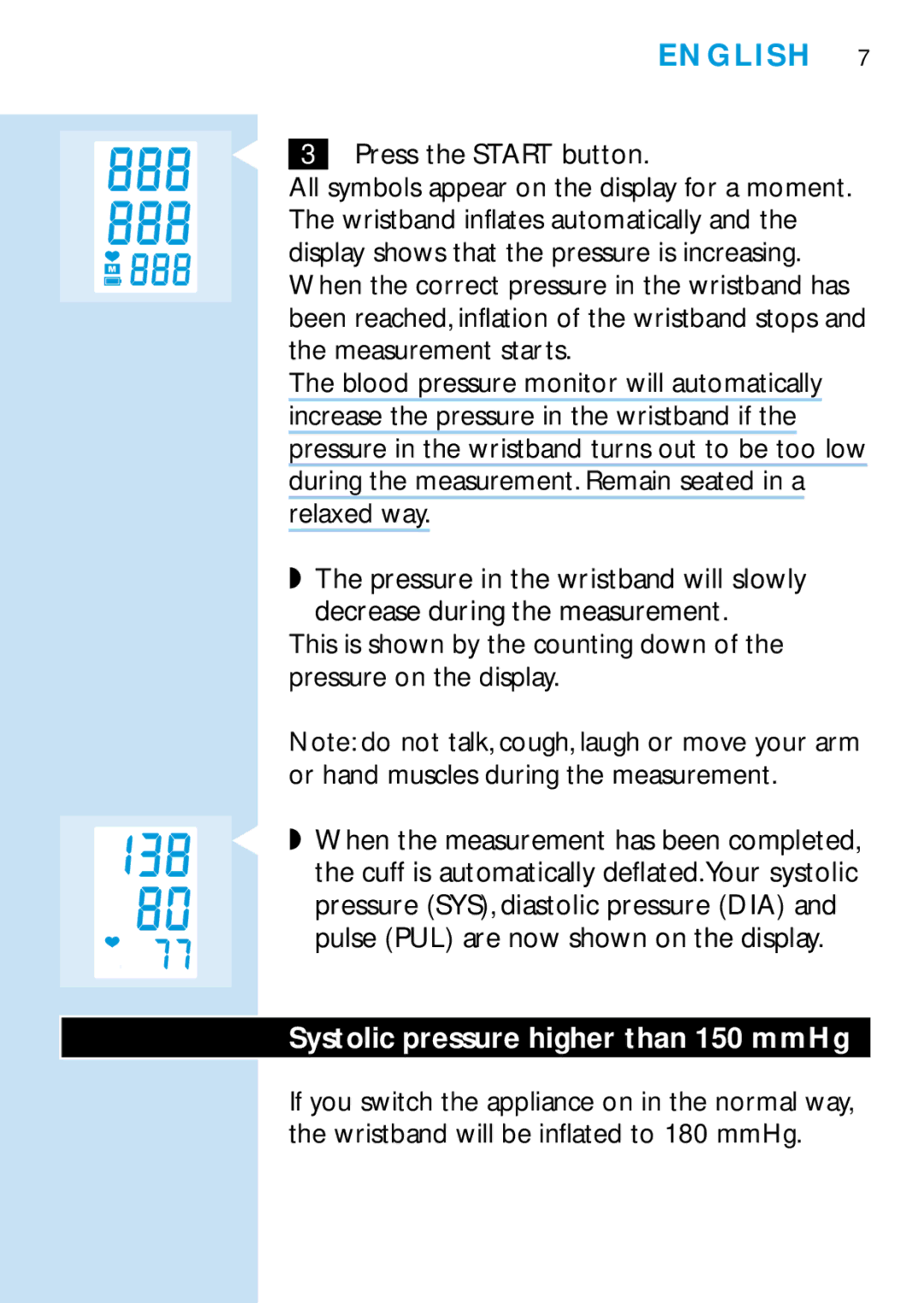 Philips HF319, HF321 manual Systolic pressure higher than 150 mmHg 