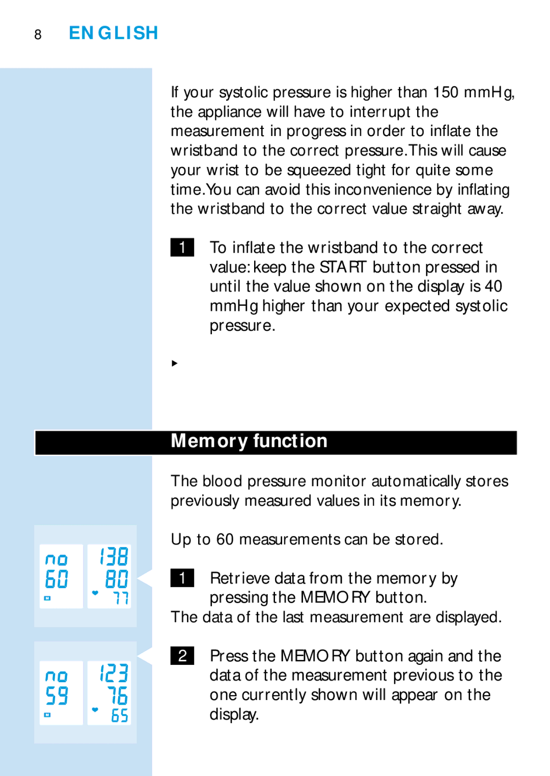 Philips HF321, HF319 manual Memory function 