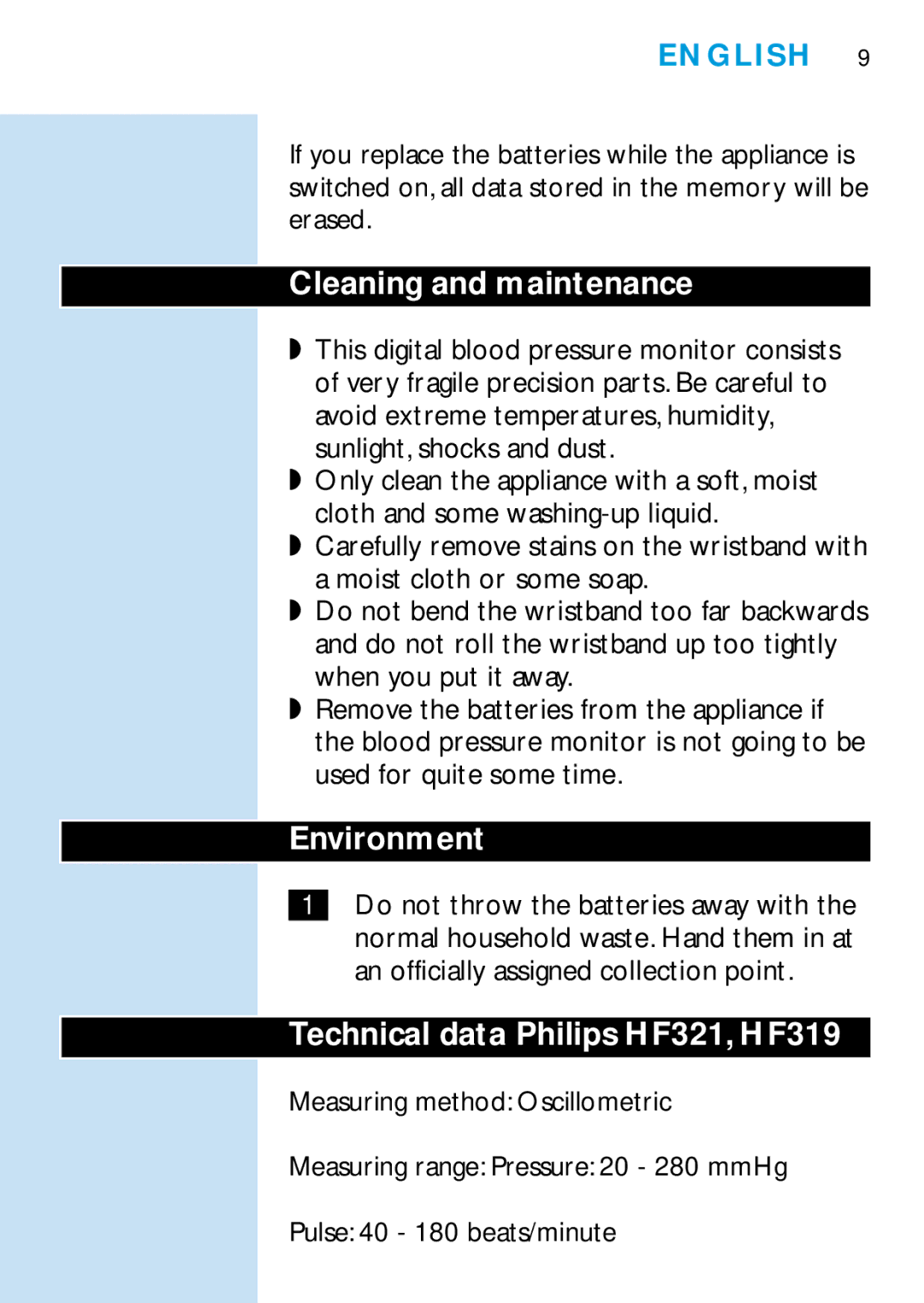 Philips manual Cleaning and maintenance, Environment, Technical data Philips HF321, HF319 