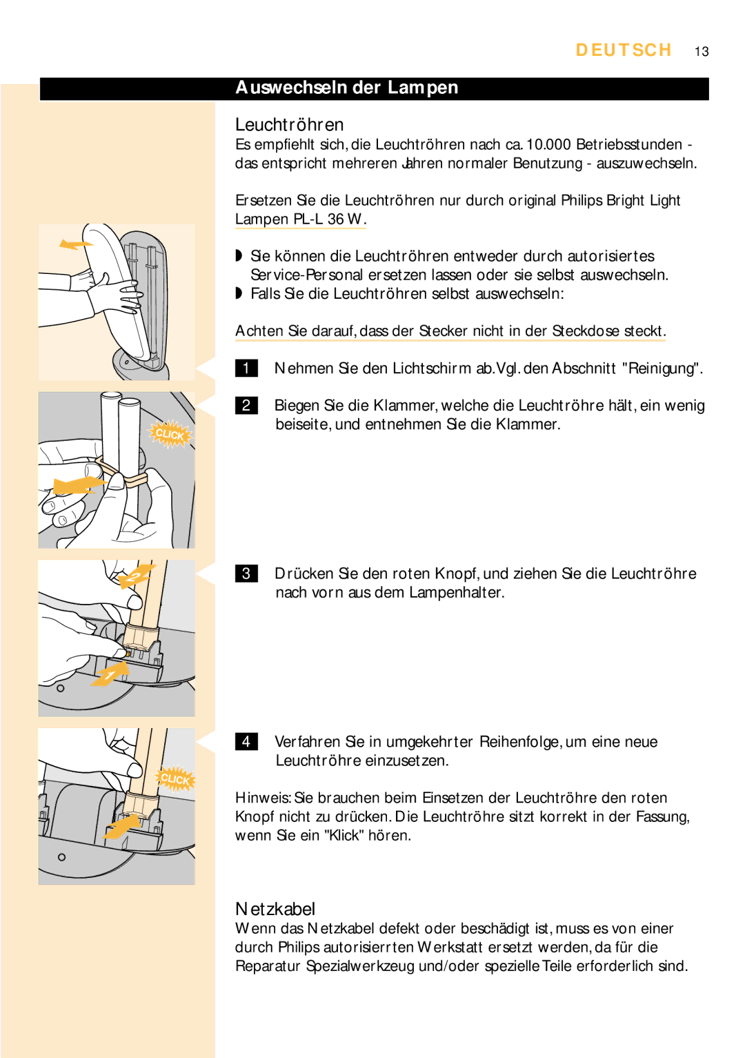 Philips HF3304 manual Leuchtröhren, Netzkabel, Auswechseln der Lampen, Lampen PL-L 36 W 