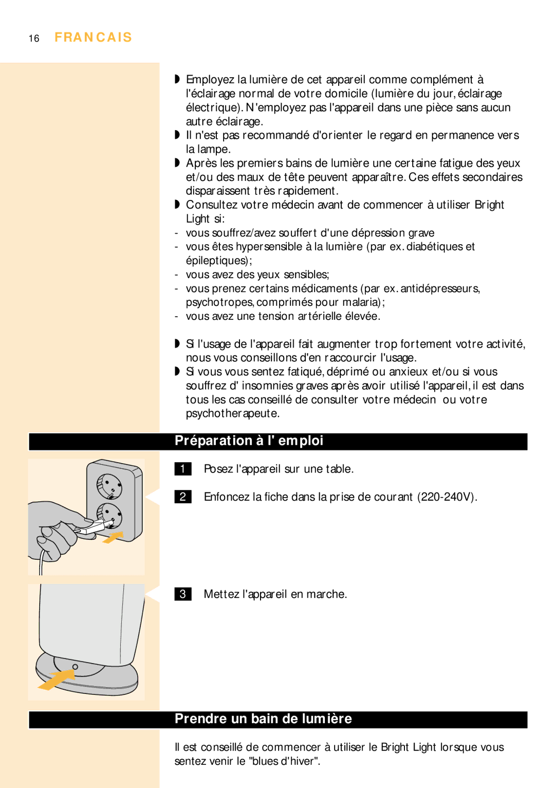 Philips HF3304 manual Préparation à l emploi, Prendre un bain de lumière, Francais 