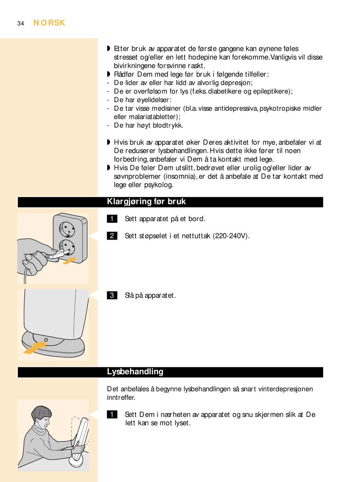 Philips HF3304 manual Klargjøring før bruk, Lysbehandling, Norsk 