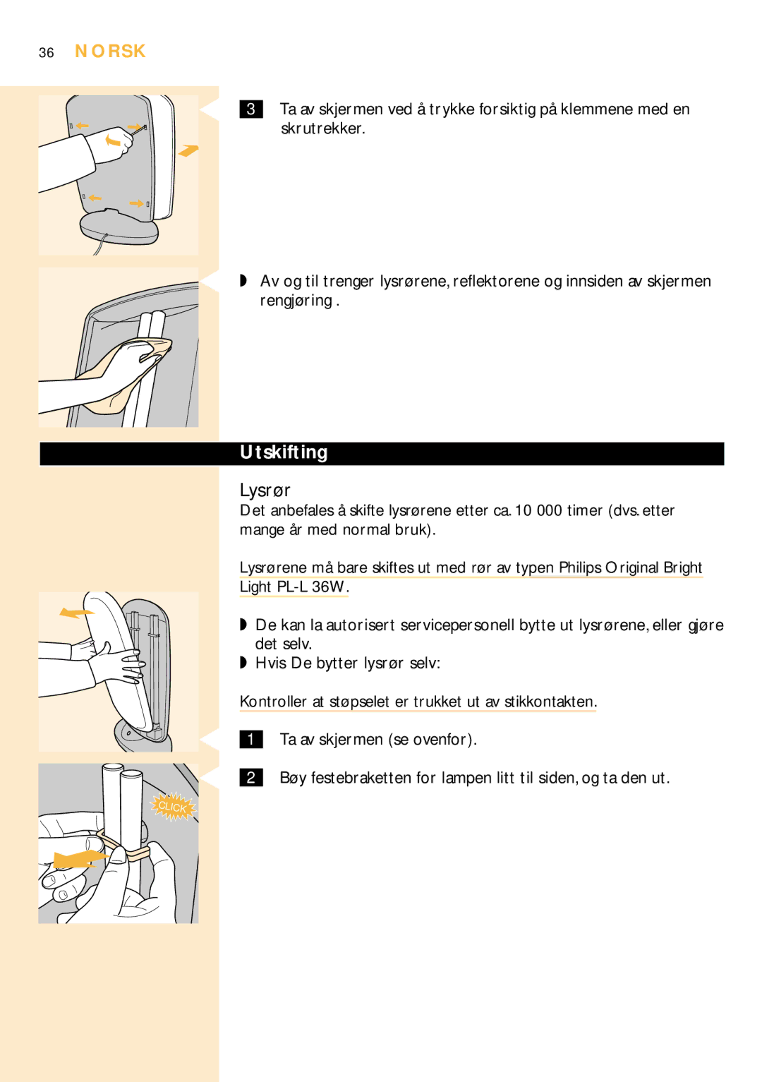 Philips HF3304 manual Lysrør, Utskifting 