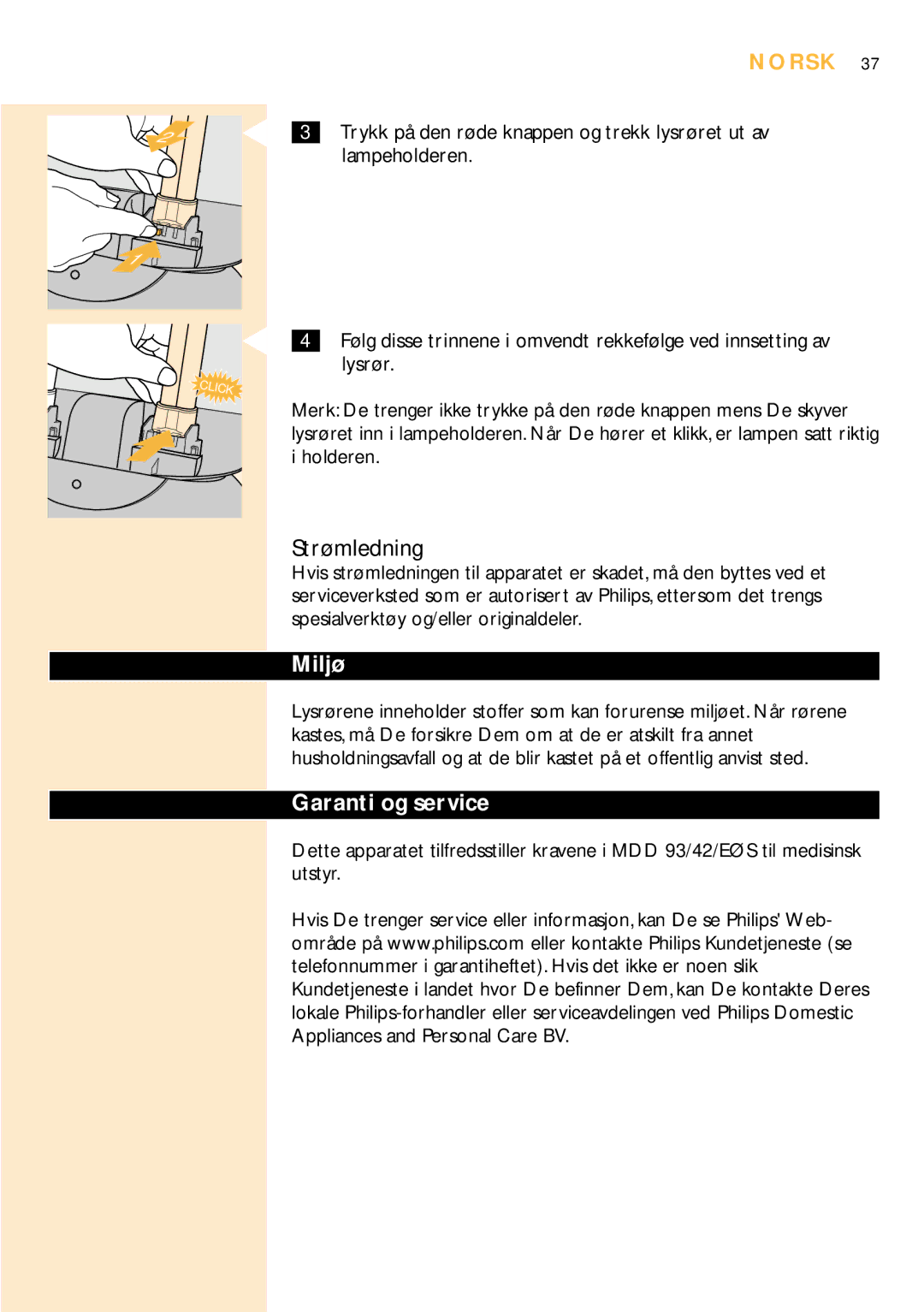 Philips HF3304 manual Strømledning, Miljø, Garanti og service 