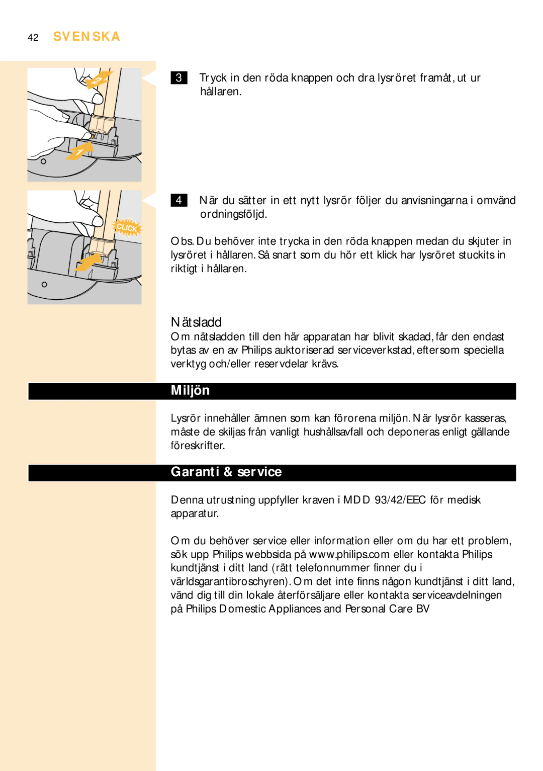 Philips HF3304 manual Nätsladd, Miljön, Garanti & service 