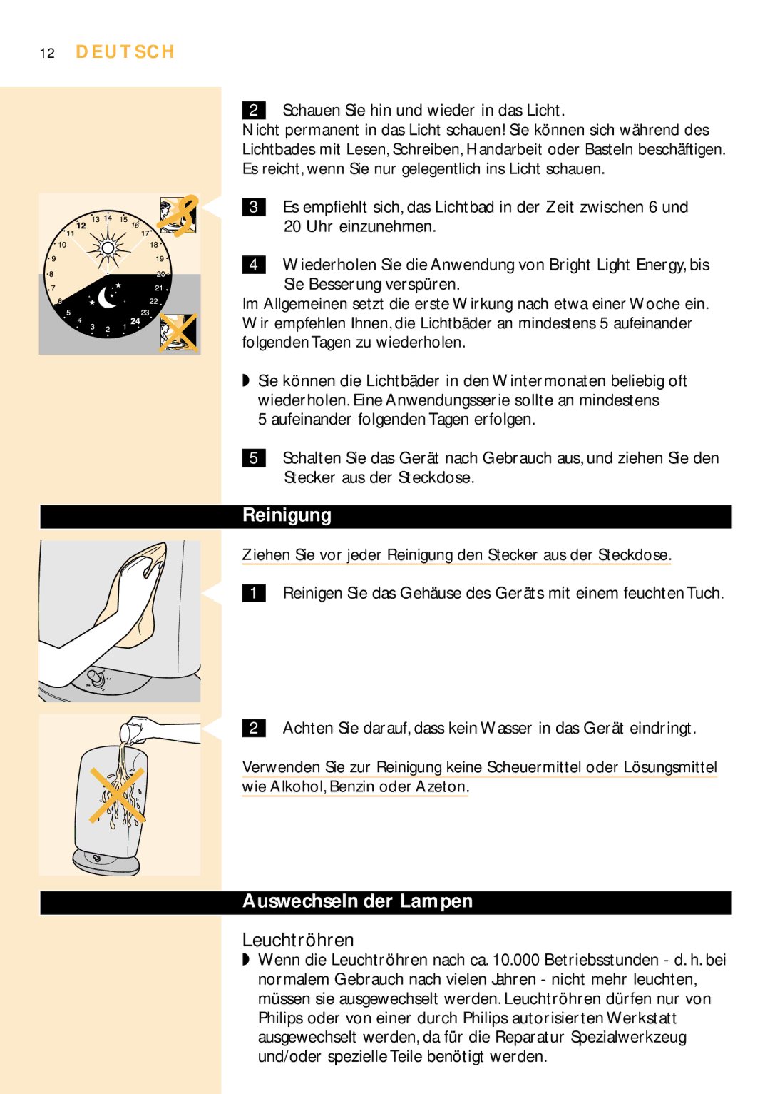 Philips HF3305 manual Leuchtröhren, Reinigung, Auswechseln der Lampen 