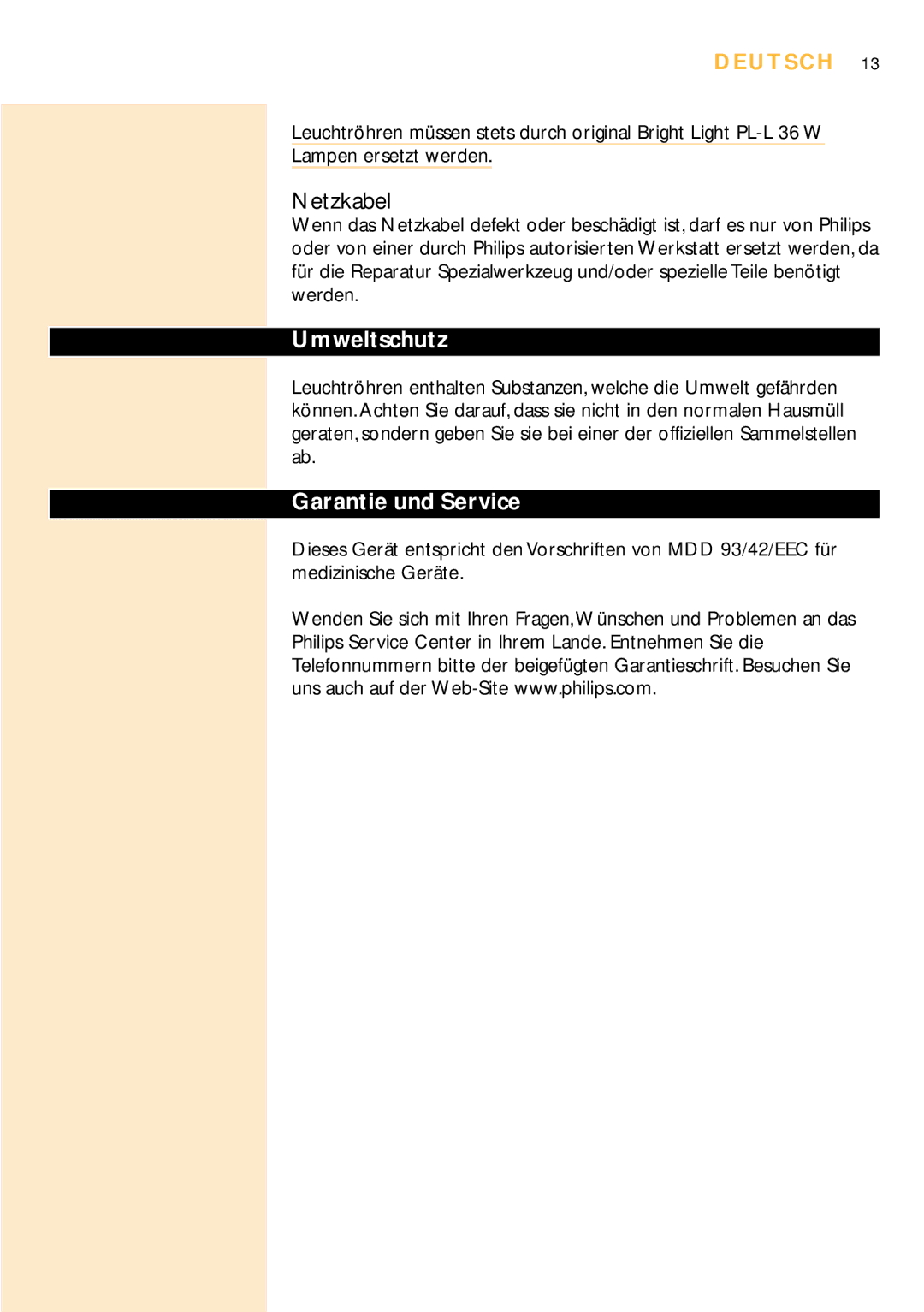 Philips HF3305 manual Netzkabel, Umweltschutz, Garantie und Service 