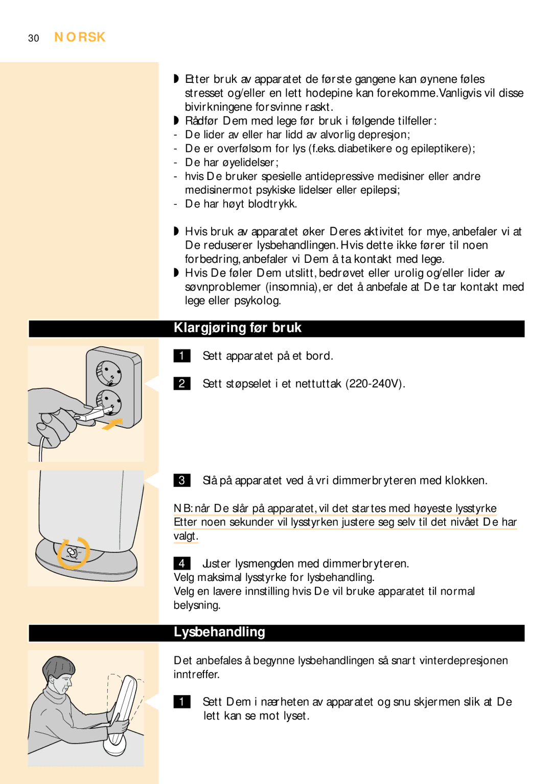 Philips HF3305 manual Klargjøring før bruk, Lysbehandling, Norsk 