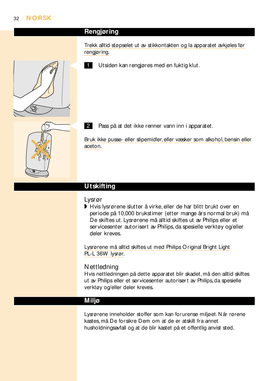 Philips HF3305 manual Lysrør, Nettledning, Rengjøring, Utskifting, Miljø 