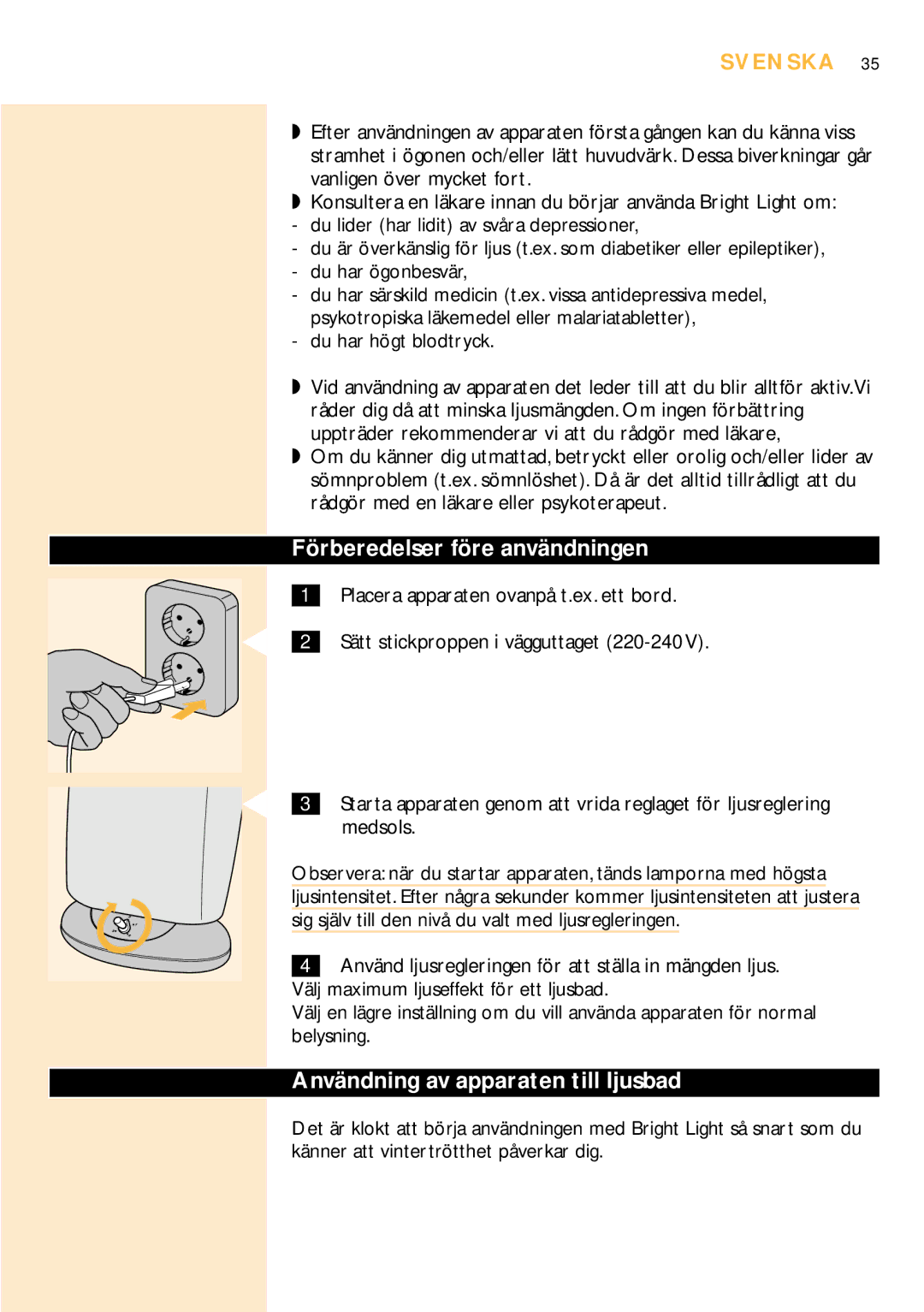 Philips HF3305 manual Förberedelser före användningen, Användning av apparaten till ljusbad, Svenska 