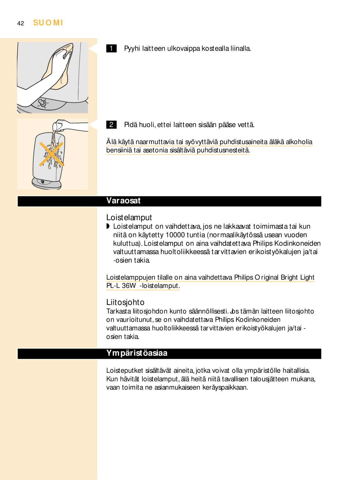 Philips HF3305 manual Loistelamput, Liitosjohto, Varaosat, Ympäristöasiaa 