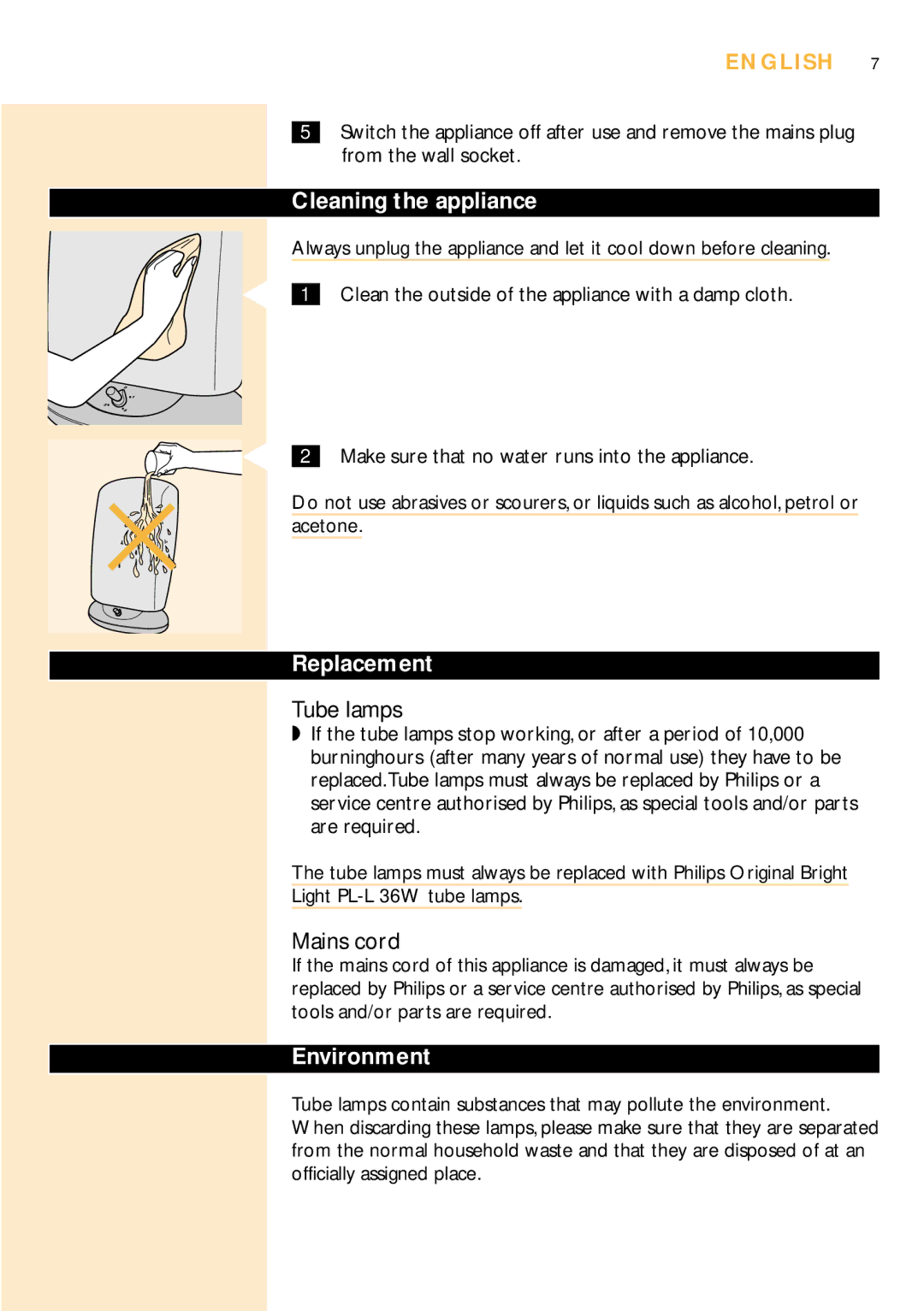 Philips HF3305 manual Tube lamps, Mains cord, Cleaning the appliance, Replacement, Environment 