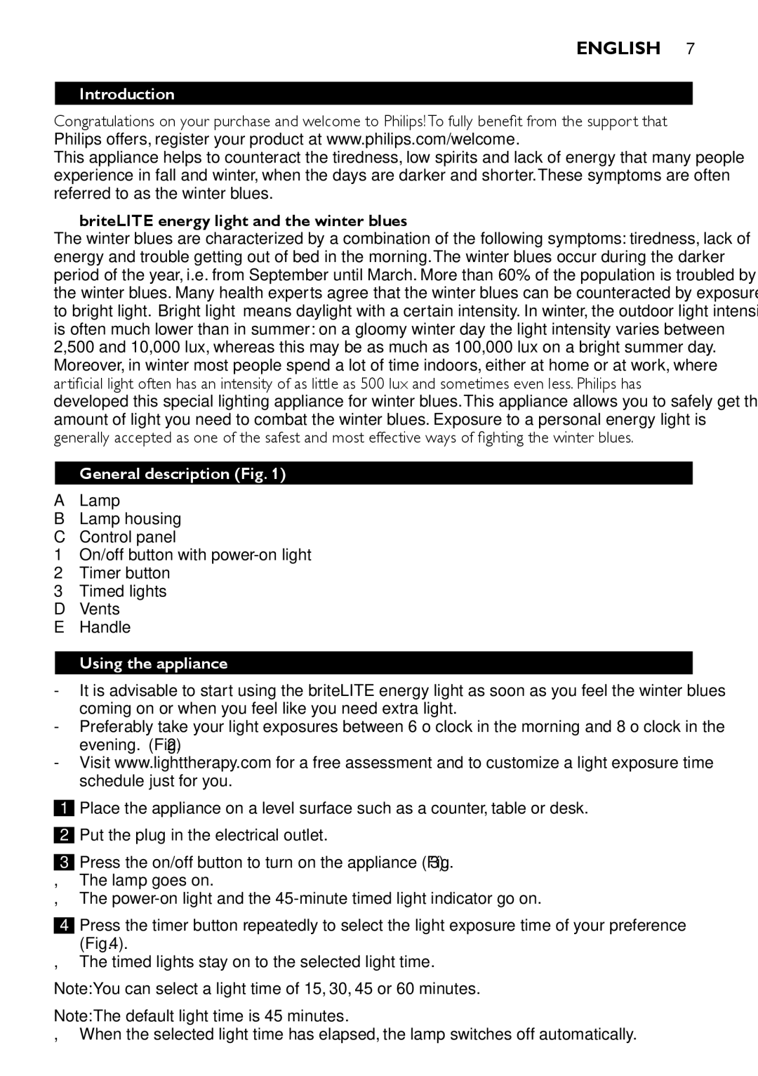 Philips HF3310/60 Introduction, BriteLITE energy light and the winter blues, General description, Using the appliance 