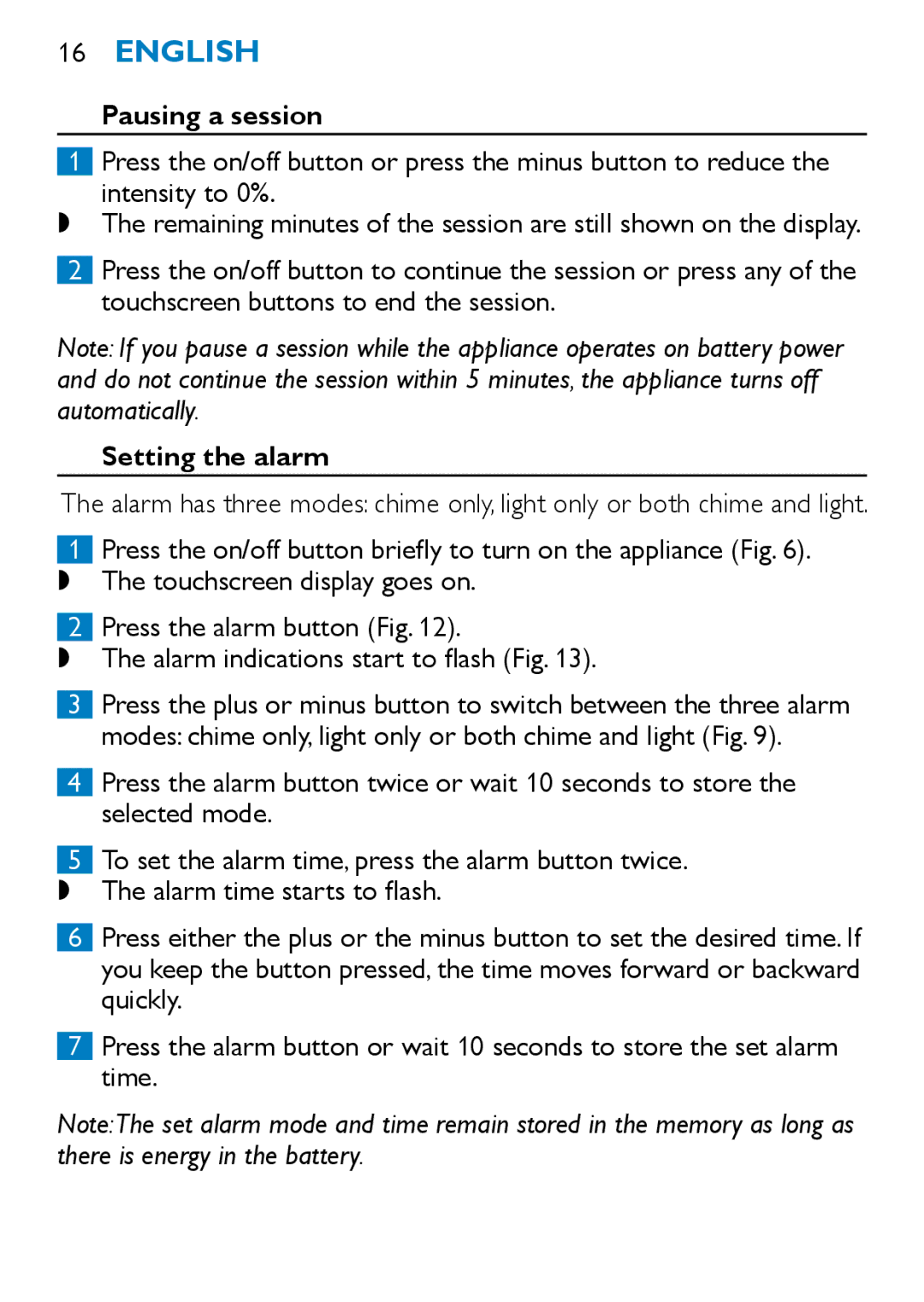 Philips HF3331, HF3332 manual Pausing a session, Setting the alarm 