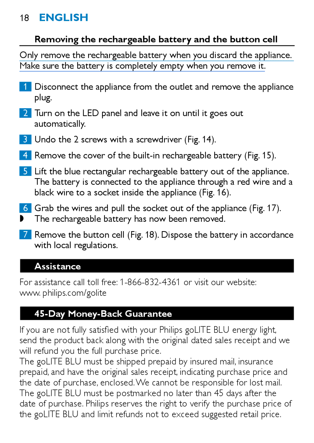 Philips HF3331, HF3332 manual Removing the rechargeable battery and the button cell, Assistance Day Money-Back Guarantee 