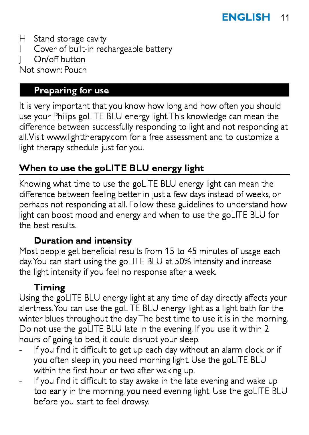 Philips HF3332, HF3331 Preparing for use, English, When to use the goLITE BLU energy light, Duration and intensity, Timing 