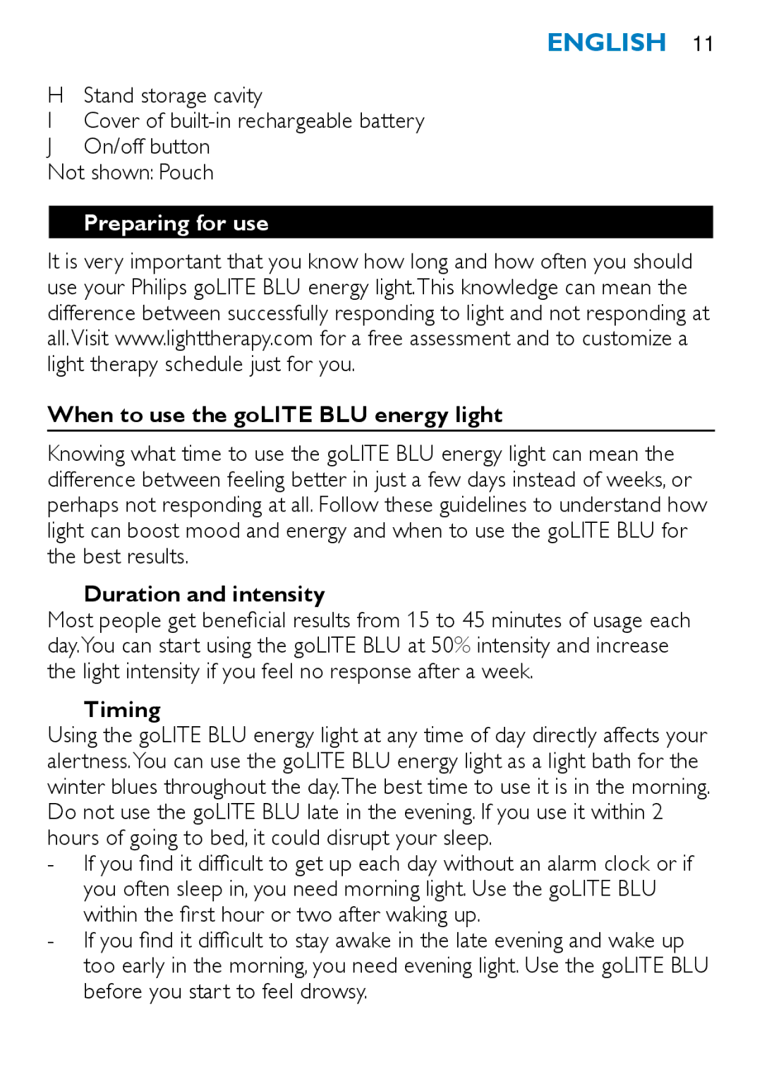 Philips HF3332/60 manual Preparing for use, When to use the goLITE BLU energy light, Duration and intensity, Timing 