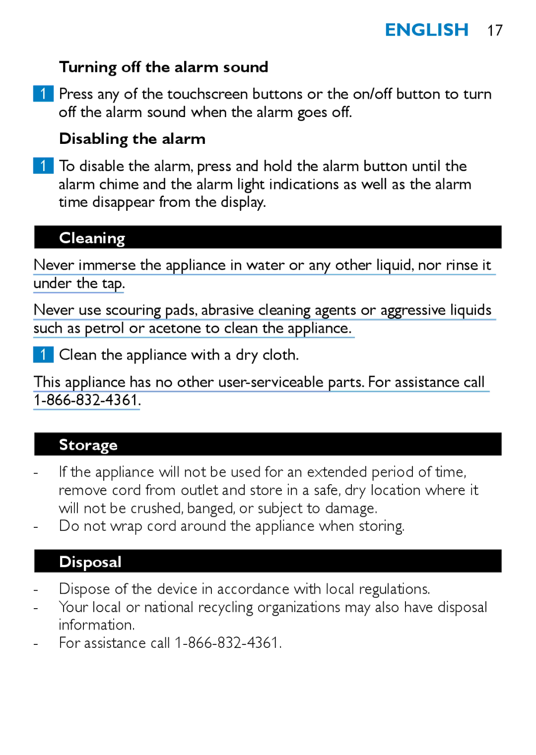 Philips HF3332/60 manual Turning off the alarm sound, Disabling the alarm, Cleaning, Storage, Disposal 