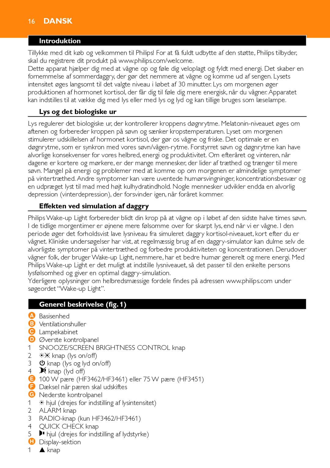 Philips HF3451 manual Introduktion, Lys og det biologiske ur, Effekten ved simulation af daggry, Generel beskrivelse fig 