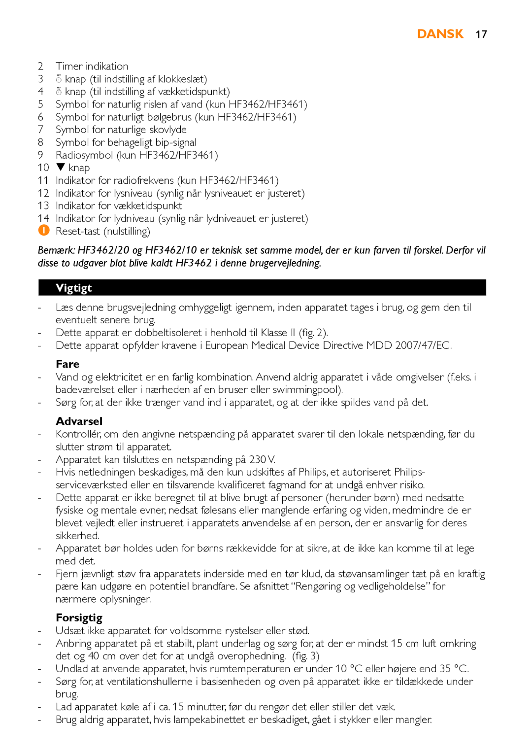 Philips HF3451 manual Dansk, Vigtigt, Fare, Forsigtig 