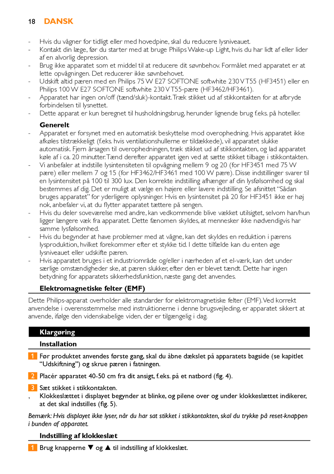 Philips HF3451 manual Generelt, Elektromagnetiske felter EMF, Klargøring, Indstilling af klokkeslæt 