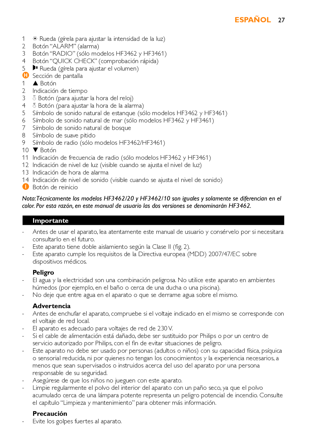 Philips HF3451 manual Español, Importante, Peligro, Advertencia, Precaución 