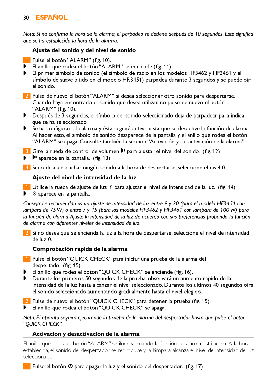 Philips HF3451 manual Ajuste del sonido y del nivel de sonido, Ajuste del nivel de intensidad de la luz 