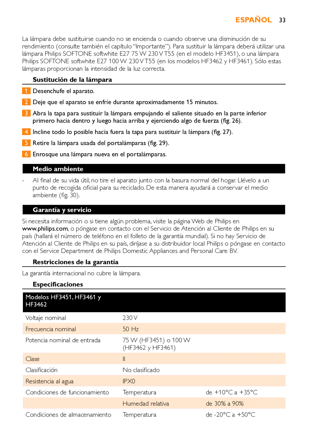 Philips HF3451 manual Sustitución de la lámpara, Medio ambiente, Garantía y servicio, Restricciones de la garantía 