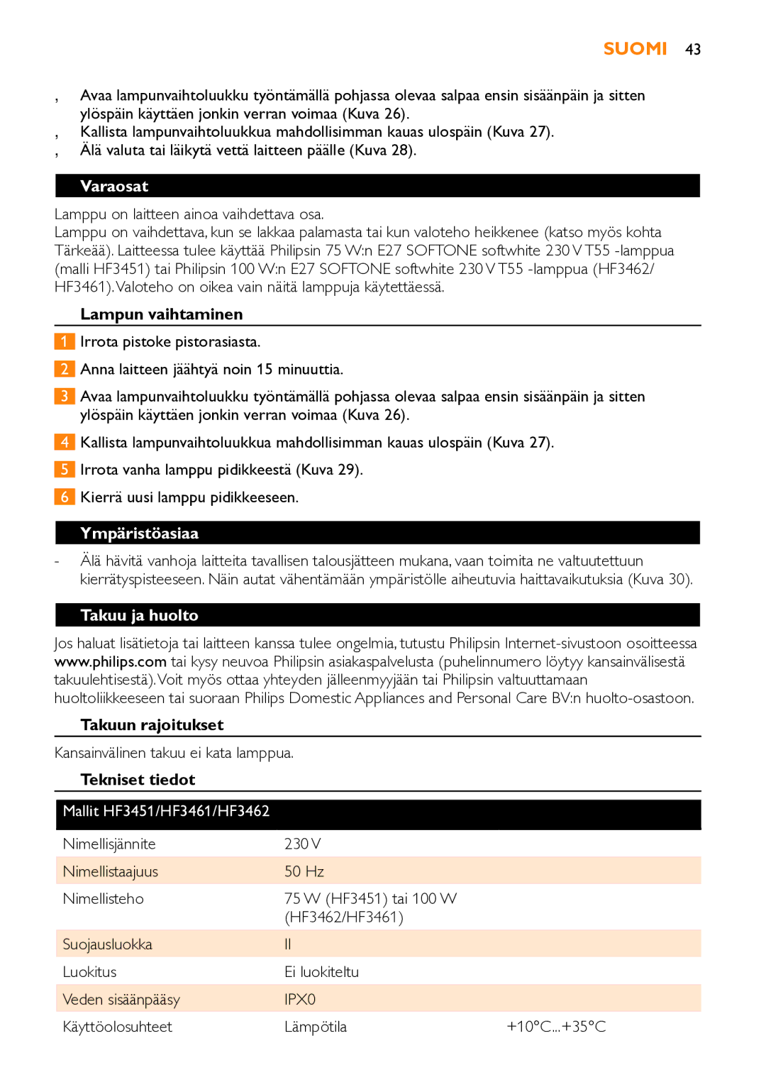 Philips HF3451 manual Varaosat, Ympäristöasiaa, Takuu ja huolto 