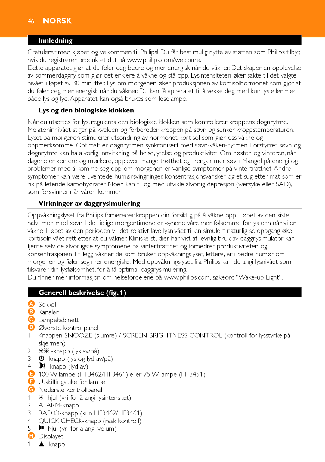 Philips HF3451 manual Innledning, Lys og den biologiske klokken, Virkninger av daggrysimulering, Generell beskrivelse fig 