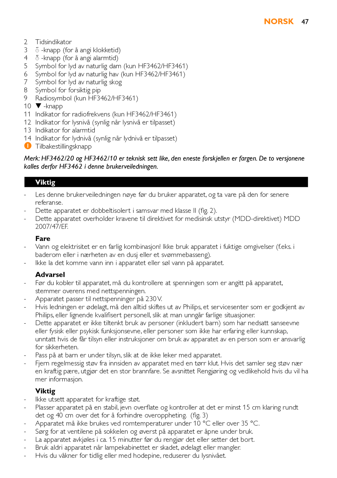 Philips HF3451 manual Norsk, Viktig 