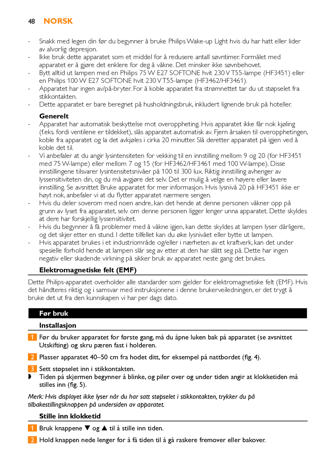 Philips HF3451 manual Elektromagnetiske felt EMF, Før bruk, Installasjon, Stille inn klokketid 