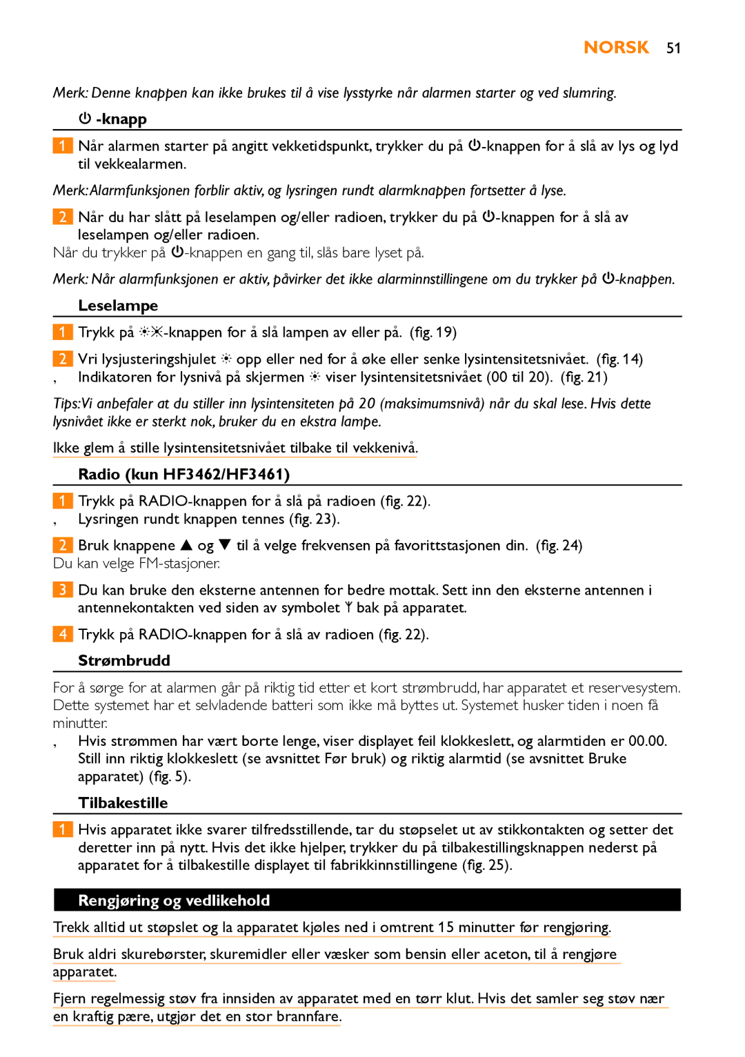 Philips HF3451 manual Knapp, Leselampe, Strømbrudd, Tilbakestille, Rengjøring og vedlikehold 