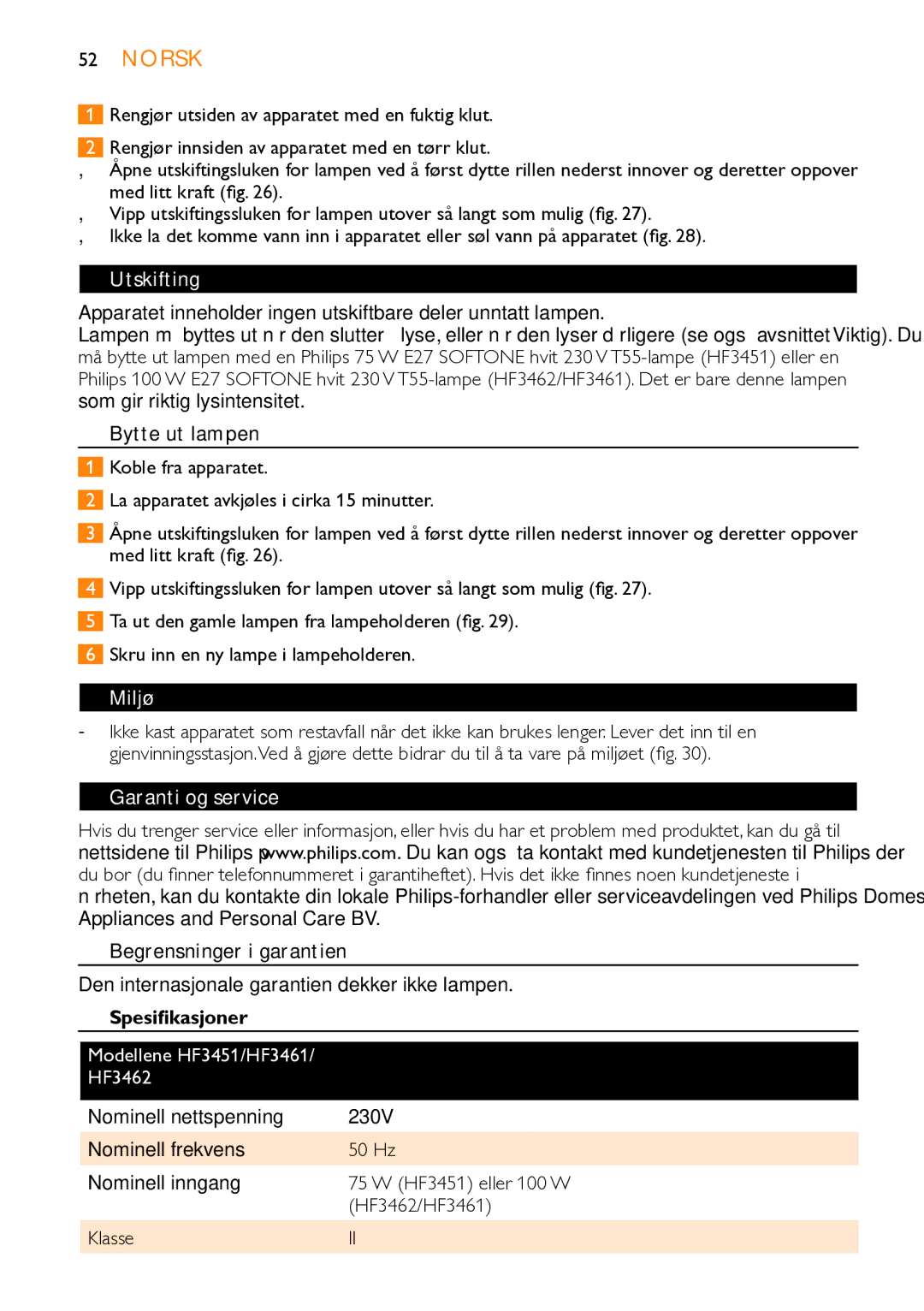 Philips HF3451 manual Utskifting, Miljø, Garanti og service 