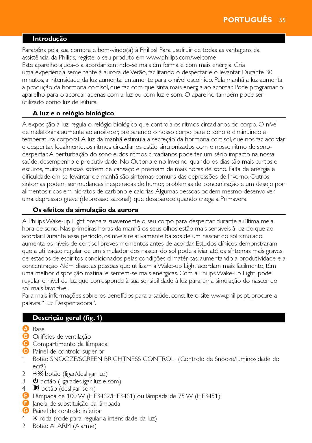 Philips HF3451 manual Introdução, Luz e o relógio biológico, Os efeitos da simulação da aurora, Descrição geral fig 