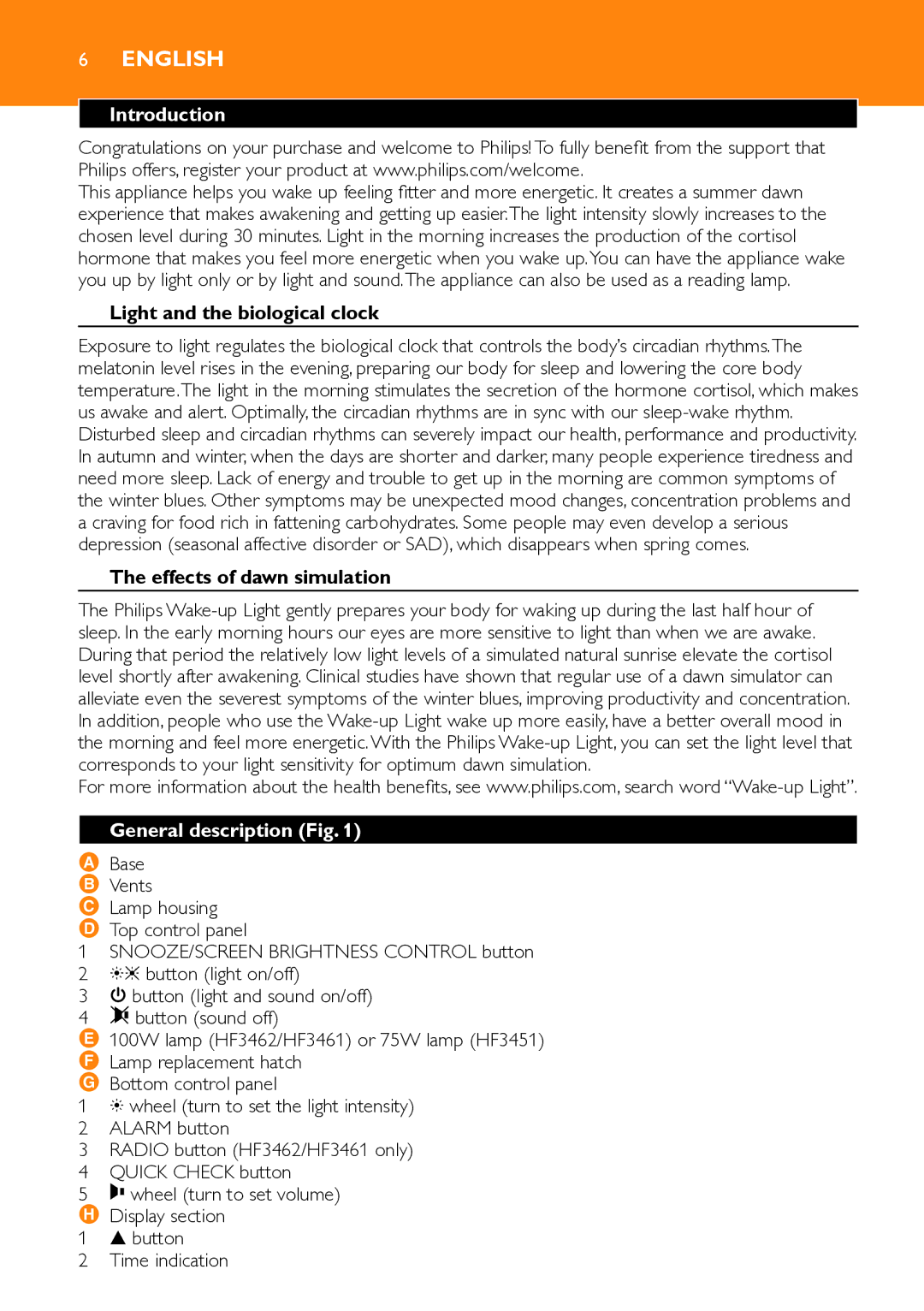 Philips HF3451 manual Introduction, Light and the biological clock, Effects of dawn simulation, General description Fig 