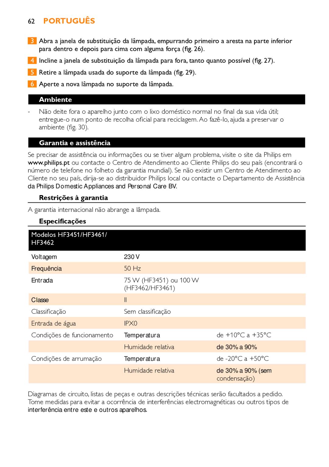 Philips manual Ambiente, Garantia e assistência, Restrições à garantia, Especificações, Modelos HF3451/HF3461 HF3462 