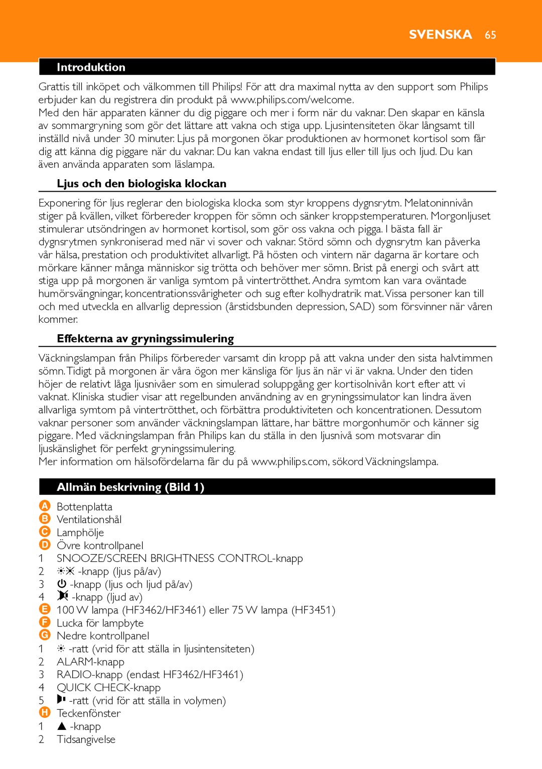 Philips HF3451 manual Ljus och den biologiska klockan, Effekterna av gryningssimulering, Allmän beskrivning Bild 