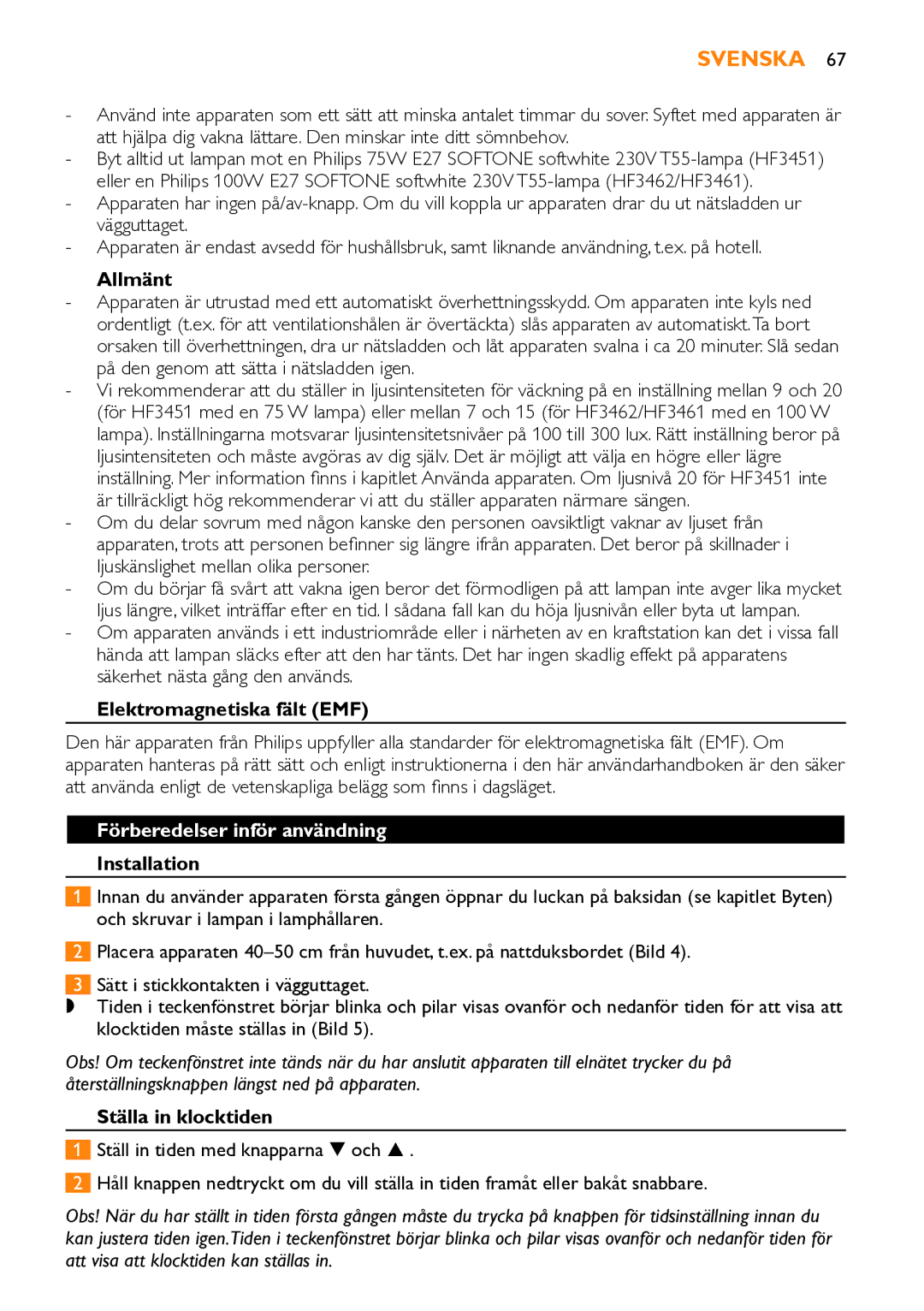 Philips HF3451 manual Allmänt, Elektromagnetiska fält EMF, Förberedelser inför användning, Ställa in klocktiden 