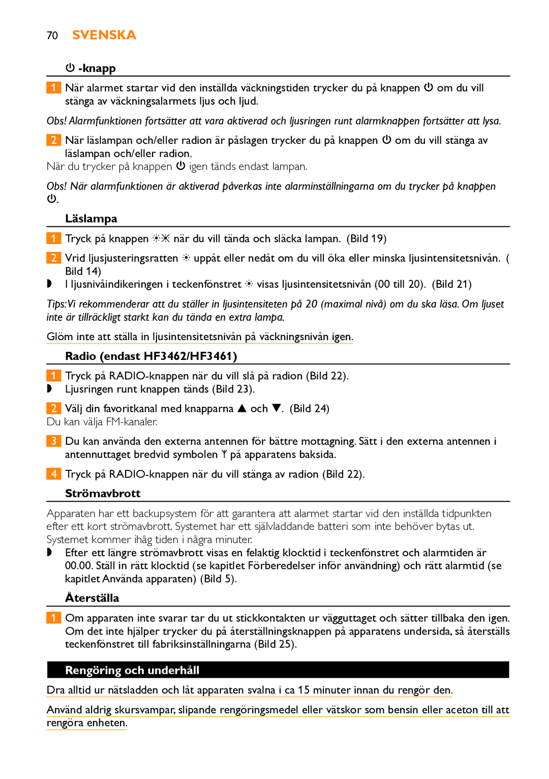 Philips HF3451 manual Läslampa, Radio endast HF3462/HF3461, Strömavbrott, Återställa, Rengöring och underhåll 